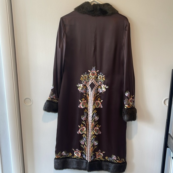 Sue Wong Vintage Embroidered Silk Duster Coat Faux Fur Floral Size 10. Neimans - Picture 5 of 8